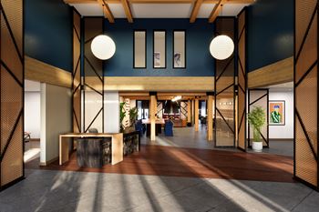 a rendering of a lobby with a blue wall and wooden floors